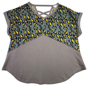 Umgee Blouse Top Women's Large Knit Animal Print Color Block Brown Green Leopard